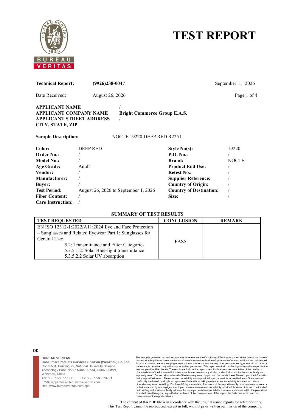 Primera página del informe original de Bureau Veritas para NOCTE.