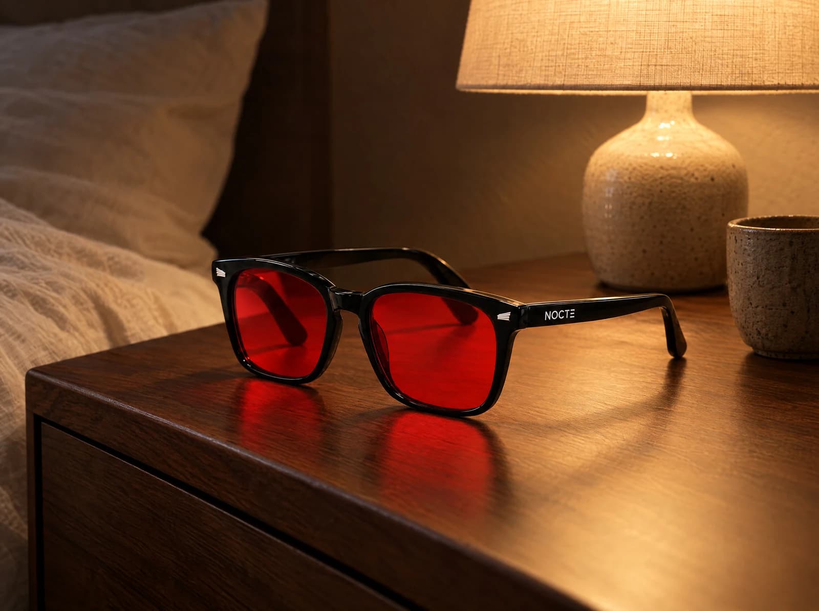 Lentes NOCTE rojos en una mesa de noche, junto a una luz cálida.