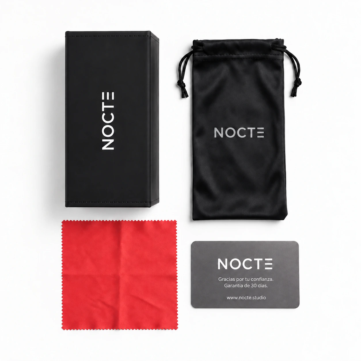 Estuche negro, funda NOCTE, paño rojo y tarjeta que acompañan los lentes.