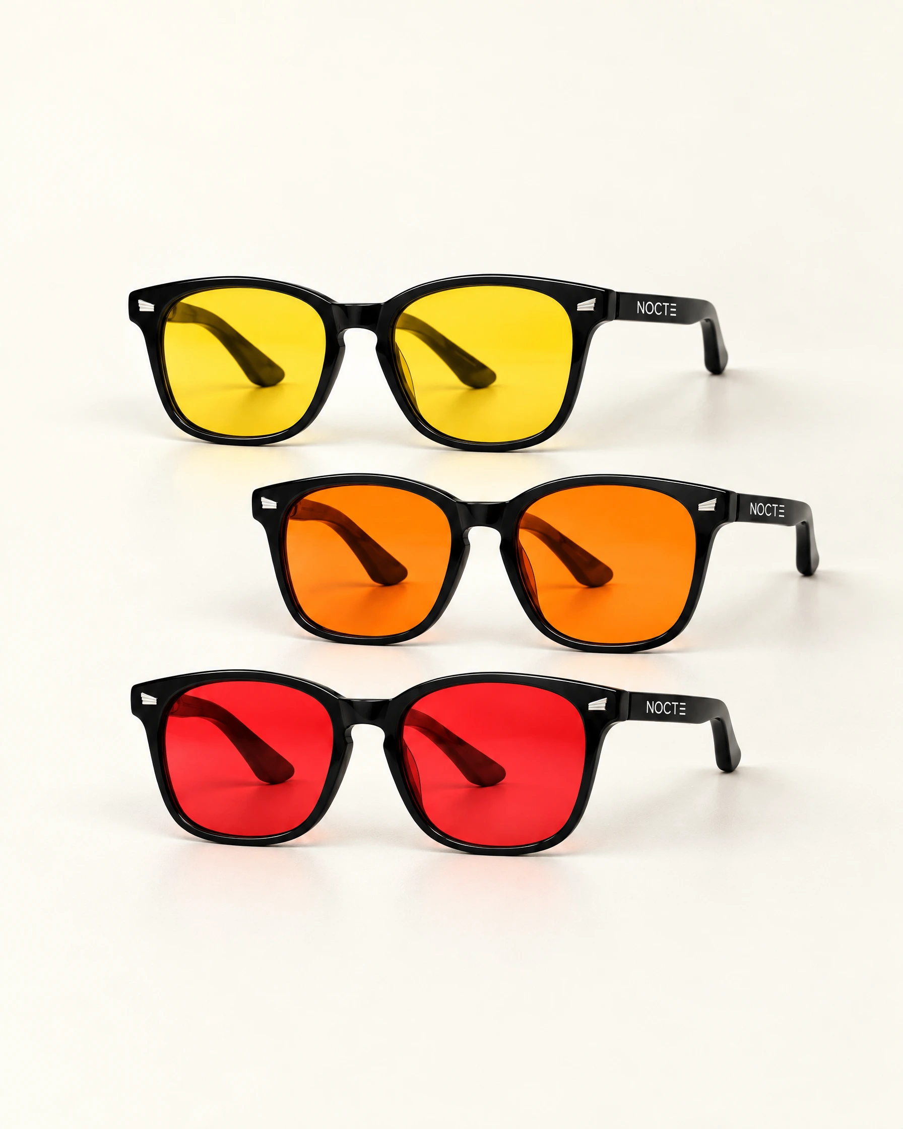 Los tres colores de lentes NOCTE: amarillo arriba, naranja al centro y rojo abajo